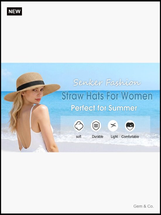 Wide Brim Straw Sun Hat with UV Protection Adjustable Packable